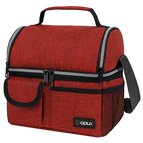 opux Lunch Bag Women Insulated Adult Lunch Box Cooler Lunch Box for Men Dual Compartment Lunchbox for Work Leakproof Double Decker Lunch Bag Soft Lunch Pail Tote Girls Boys Kids School Red
