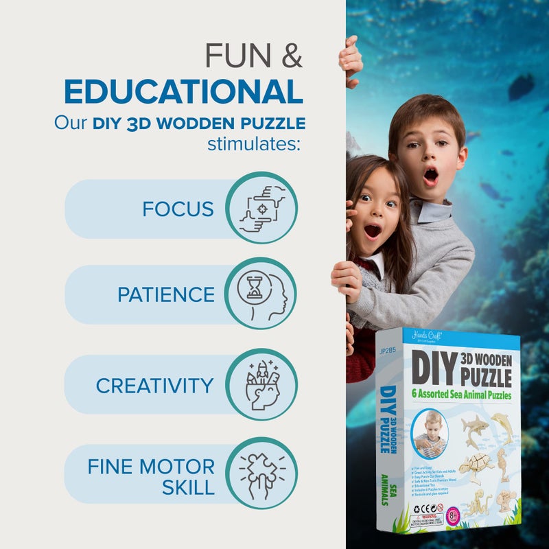 Hands Craft ألعاب يدوية 3D لغز خشبي – مجموعة حزمة 6 حيوانات بحرية متنوعة ألغاز محيرة تعليمية لعبة STEM للكبار والأطفال للبناء آمنة وغير سامة سهلة الإخراج خشب ممتاز JP2B5 - Image 3