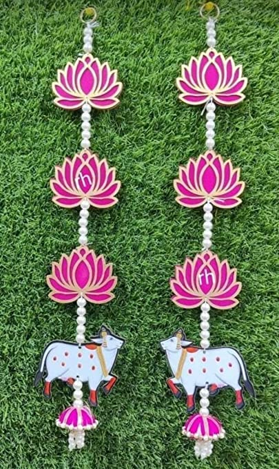 Nutts Handmade Lotus MDF Wall Hanging with papaer gajra and Cow Shubh labh Hanging for Home DecorOffice Decor Lotus with Jhumki 