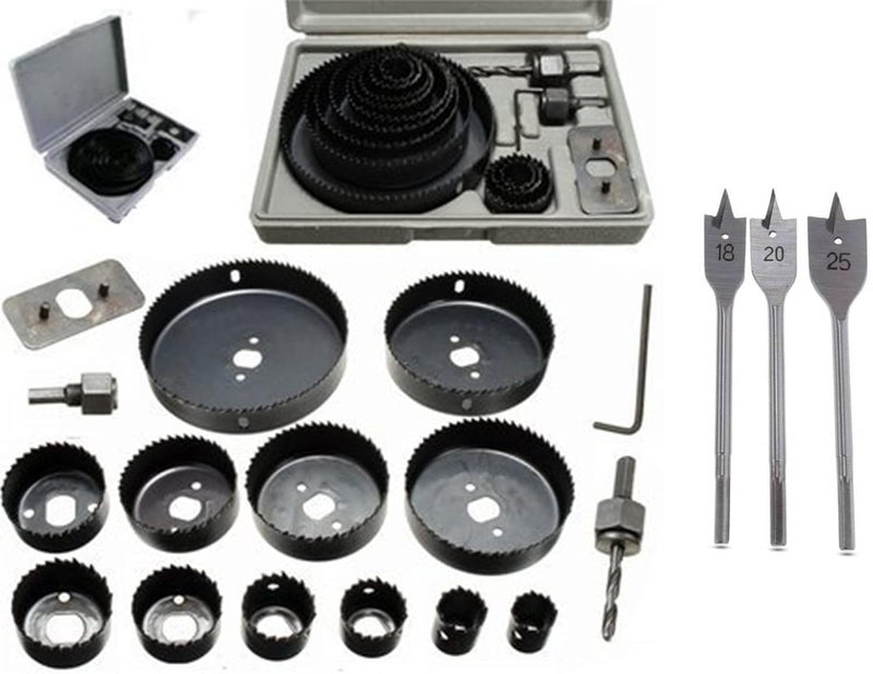 DUMDAAR Hole Saw Cutter Tool Kit 19127mm Set of 16 with 3 pc flat wood bit set Rotary Bit Set 16 Bits - Image 1