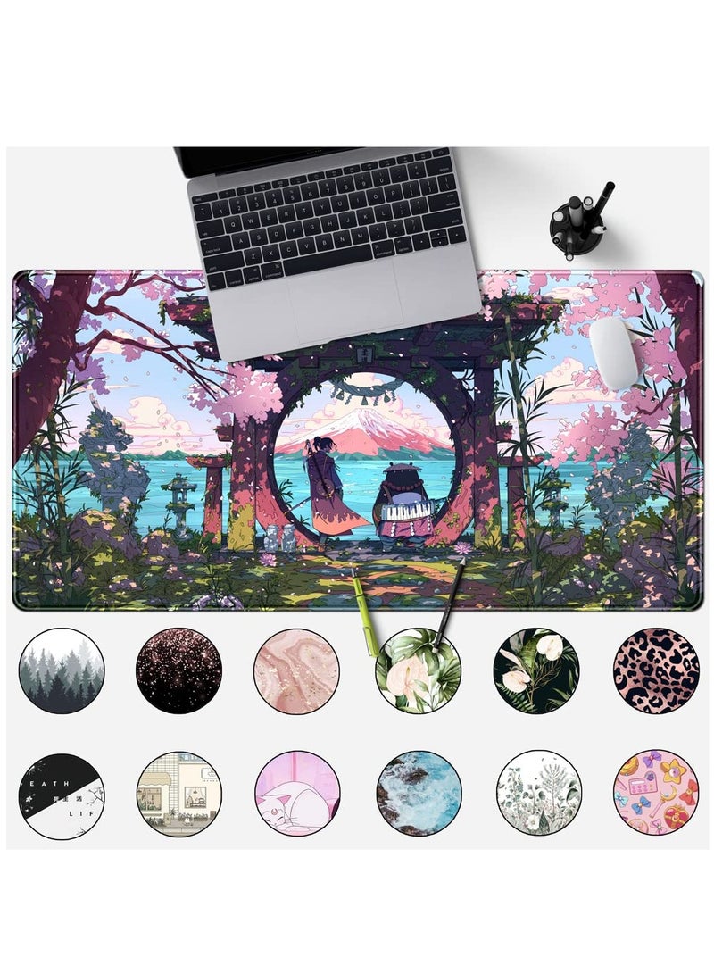 Excefore Pink Japan Desk Pad Anime Gaming Green Mouse Pad Large Mouse Pad For Desk Computer Pc Laptop Office Decor For Women, Anime Mouse Keyboard Pad Stitched Edges Non-Slip Rubber Mat Desk Pad, 31.5x15.7 In  - Image 2