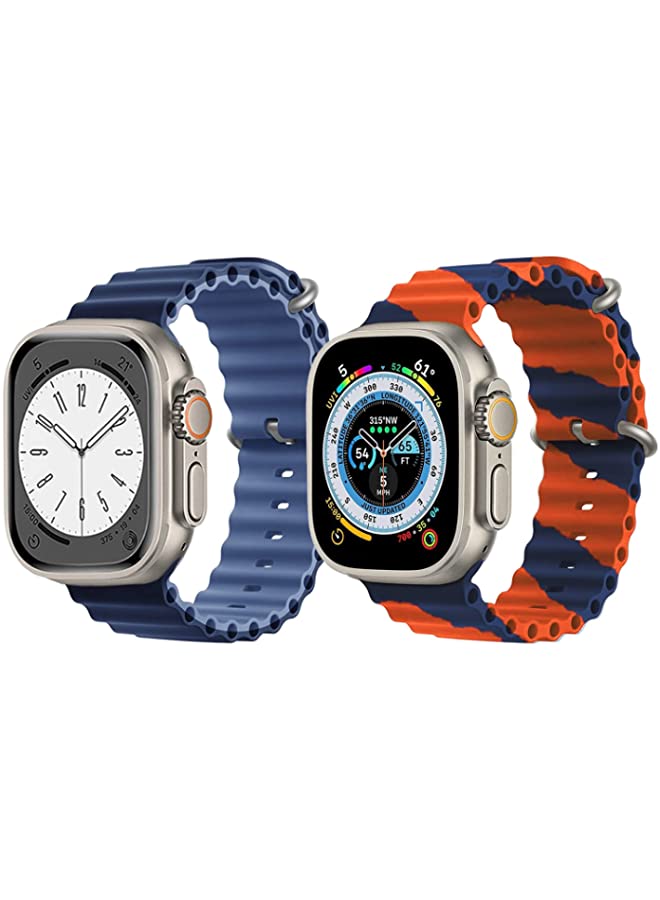 IAF Silicone Ocean Band Strap for Apple Watch Ultra 8 49mm Navy Blue/Blue Double Side Strap with Orange/Blue Double Line Strap Set of 2