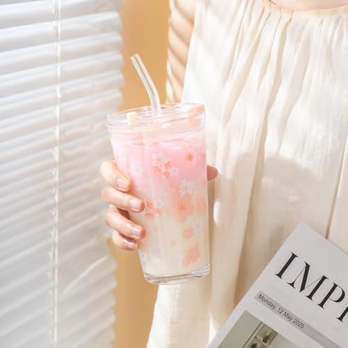 Olvini 15oz Glass Tumbler with Glass Straw and Lid, Cute Iced Coffee Cups, Aesthetic Glass Cups, Coffee Tumbler, Water Cup, Matcha Cup, Drinking Glasses (Cherry blossom) - Image 4