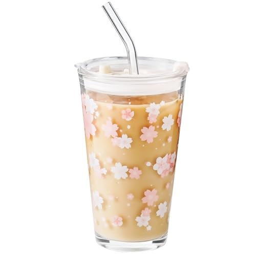 Olvini 15oz Glass Tumbler with Glass Straw and Lid, Cute Iced Coffee Cups, Aesthetic Glass Cups, Coffee Tumbler, Water Cup, Matcha Cup, Drinking Glasses (Cherry blossom) - Image 1