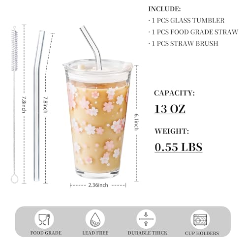Olvini 15oz Glass Tumbler with Glass Straw and Lid, Cute Iced Coffee Cups, Aesthetic Glass Cups, Coffee Tumbler, Water Cup, Matcha Cup, Drinking Glasses (Cherry blossom) - Image 3