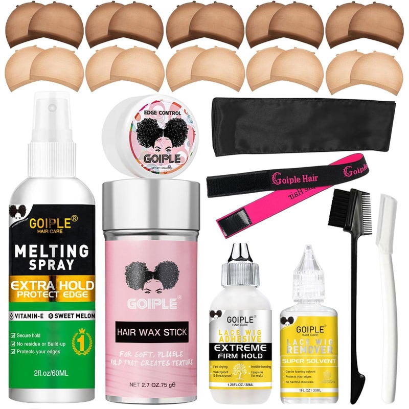 Goiple Wig Accessory Essentials Kit Lace Front Wig Glue & Remover, Wig Caps, Elastic Band, Hair Wax Stick, Edge Control, Edge Brush, Hair Shear Dermaplanning Razor Tool and Edge Scarf - 29PCS - Image 1