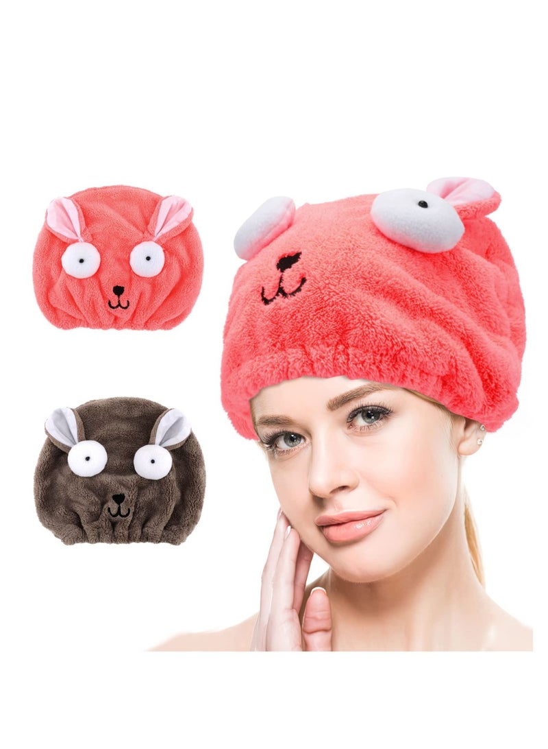 2 Pack Ultra Absorbent Microfibre Hair Towel Turban Cartoon Cute Embroidery Coral Velvet Wet Dry Wrap Quick for Bath Shower - Image 1
