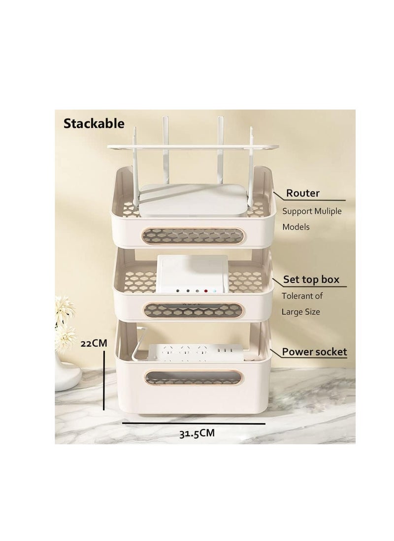 Generic - Router Storage Box, Wifi Wireless Router Set-Top Box Shelf STB Optical Modem Cover Rack Cord Socket Board Container Box Multi-Layer Desktop Cable Organiser Box for TV Cabinet (Beige, 2-Layer) - Image 1