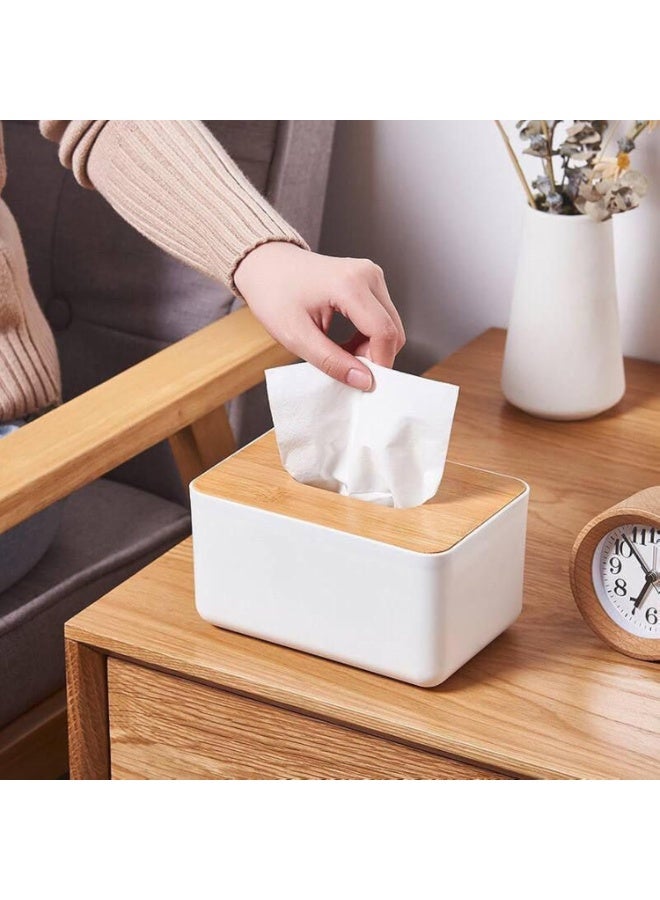 Happy Home Plastic Rectangular Shape Facial Tissue Box With Bamboo Cover White 23x13x10cm - Image 1