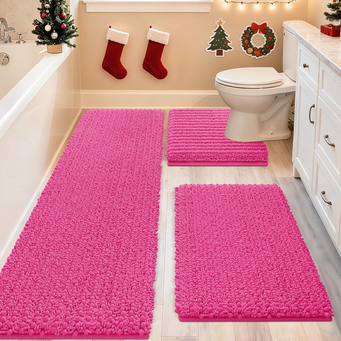 UPGRADE EXTRA LARGE SHINY PINK BATHROOM RUG SET 3 PIECES ULTRA SOFT THICK ABSORBENT BATH MATS NON SLIP CHENILLE TOILET MAT FOR BATHROOM BEDROOM KITCHEN