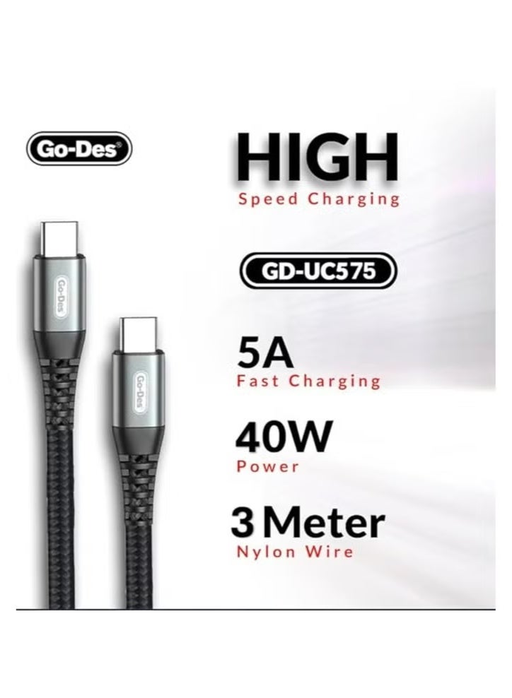 Go-Des USB-C to USB-C Cable (3m/10ft Braided Black) - Image 2