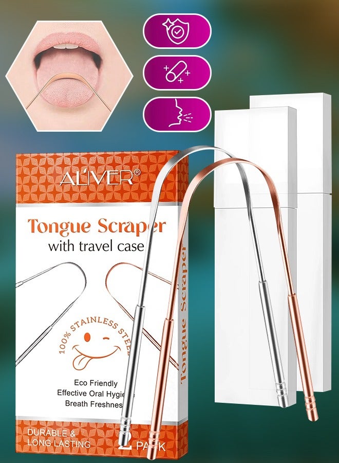 ALIVER طقم 2 من مكاشط اللسان من الفولاذ المقاوم للصدأ مع صندوق سفر أداة تنظيف اللسان لصحة الفم نفس منعش تقليل رائحة الفم الكريهة مكاشط لسان قابلة لإعادة الاستخدام للبالغين فضي وذهبي وردي - Image 1