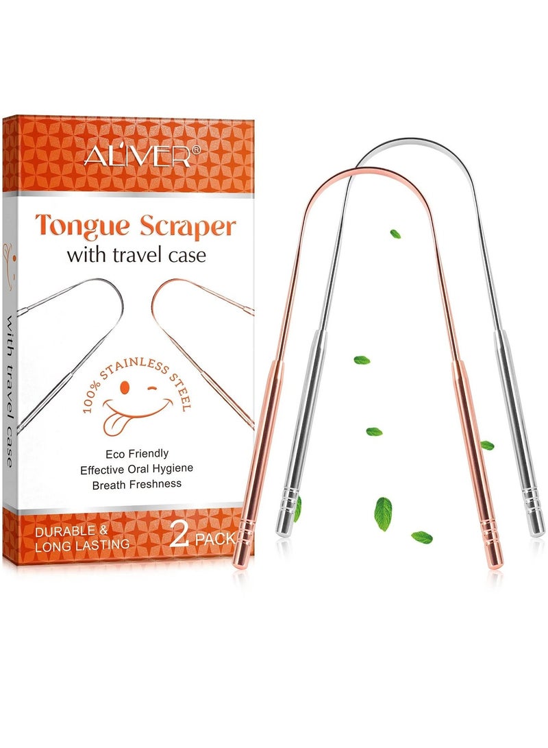 ALIVER طقم 2 من مكاشط اللسان من الفولاذ المقاوم للصدأ مع صندوق سفر أداة تنظيف اللسان لصحة الفم نفس منعش تقليل رائحة الفم الكريهة مكاشط لسان قابلة لإعادة الاستخدام للبالغين فضي وذهبي وردي - Image 2