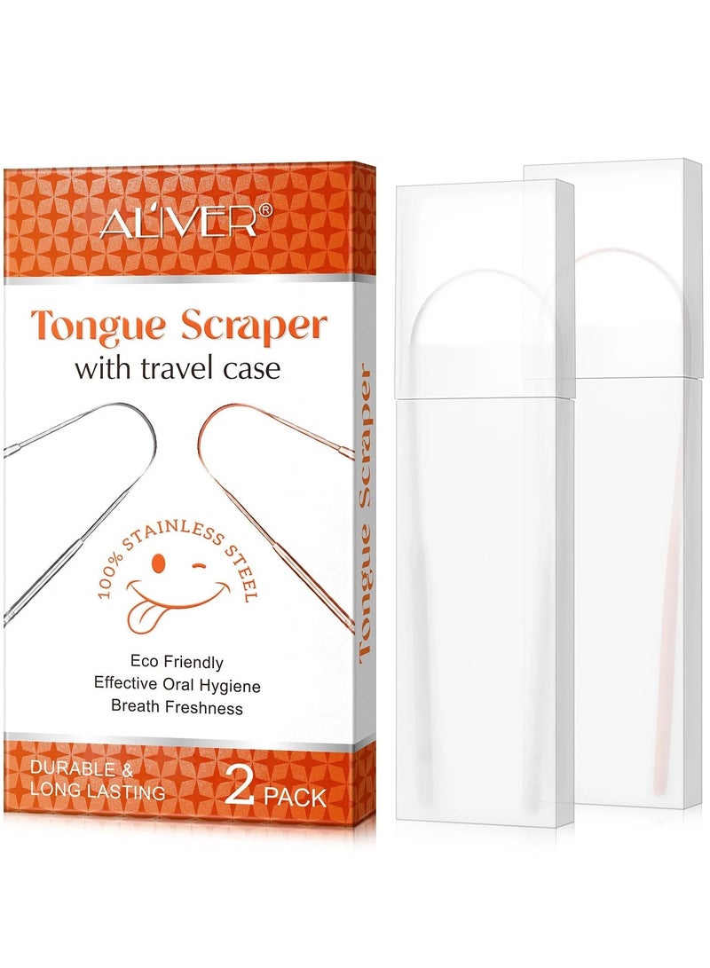 ALIVER طقم 2 من مكاشط اللسان من الفولاذ المقاوم للصدأ مع صندوق سفر أداة تنظيف اللسان لصحة الفم نفس منعش تقليل رائحة الفم الكريهة مكاشط لسان قابلة لإعادة الاستخدام للبالغين فضي وذهبي وردي - Image 3