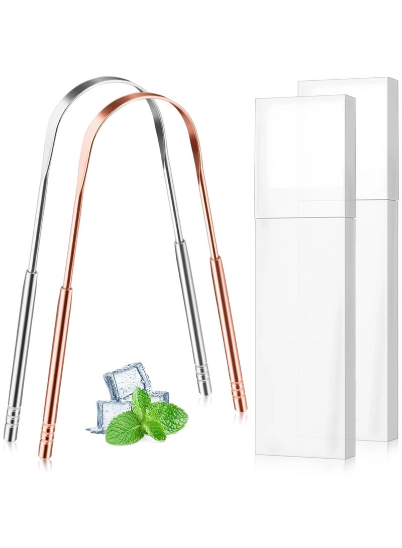 ALIVER طقم 2 من مكاشط اللسان من الفولاذ المقاوم للصدأ مع صندوق سفر أداة تنظيف اللسان لصحة الفم نفس منعش تقليل رائحة الفم الكريهة مكاشط لسان قابلة لإعادة الاستخدام للبالغين فضي وذهبي وردي - Image 4