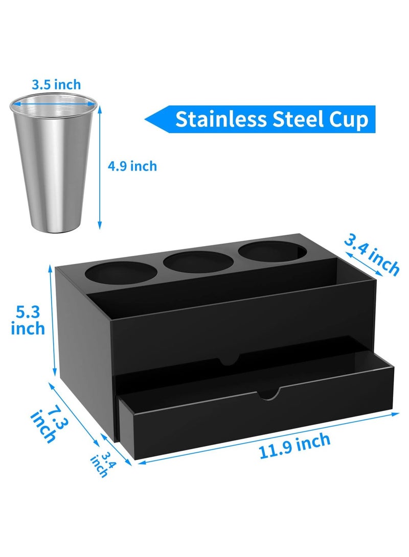 Eworld Acrylic Black Hair Tools Organizer with 3 Stainless Steel cups and Drawer, Ultimate Solution for Stationery, Cosmetics, Toiletries and Vanity Accessories for Bathroom Home, Office and Hotel - Image 2