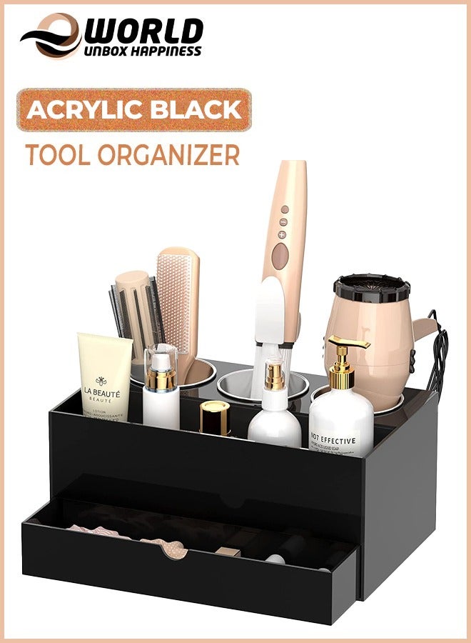 Eworld Acrylic Black Hair Tools Organizer with 3 Stainless Steel cups and Drawer, Ultimate Solution for Stationery, Cosmetics, Toiletries and Vanity Accessories for Bathroom Home, Office and Hotel - Image 1