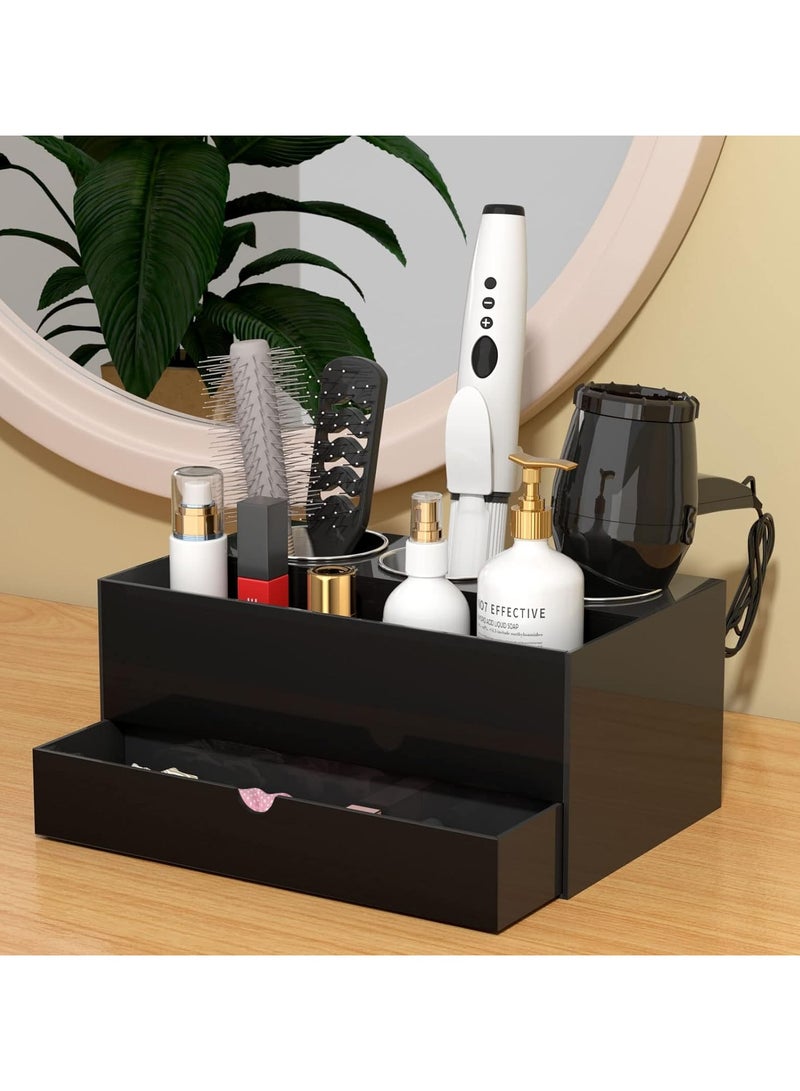 Eworld Acrylic Black Hair Tools Organizer with 3 Stainless Steel cups and Drawer, Ultimate Solution for Stationery, Cosmetics, Toiletries and Vanity Accessories for Bathroom Home, Office and Hotel - Image 3