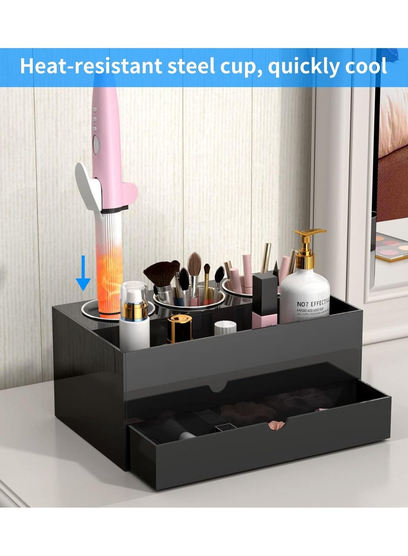 Eworld Acrylic Black Hair Tools Organizer with 3 Stainless Steel cups and Drawer, Ultimate Solution for Stationery, Cosmetics, Toiletries and Vanity Accessories for Bathroom Home, Office and Hotel - Image 4