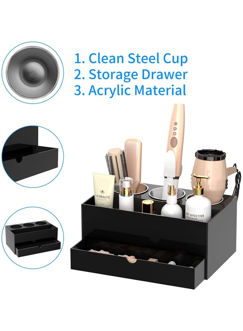 Eworld Acrylic Black Hair Tools Organizer with 3 Stainless Steel cups and Drawer, Ultimate Solution for Stationery, Cosmetics, Toiletries and Vanity Accessories for Bathroom Home, Office and Hotel - Image 5