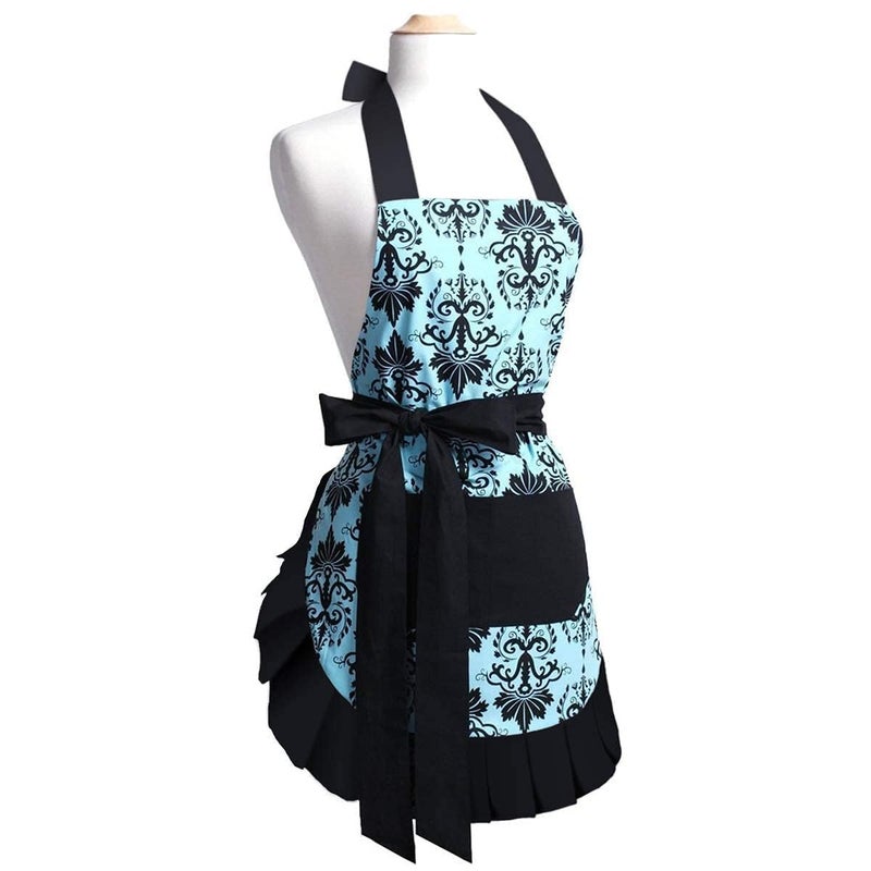 G2PLUS Cotton Vintage Damask Apron for Women, Adjustable Neck & Big Pocket, Blue & Black Cute Ruffle Kitchen & Baking Apron for Christmas Holiday Gift - Image 1