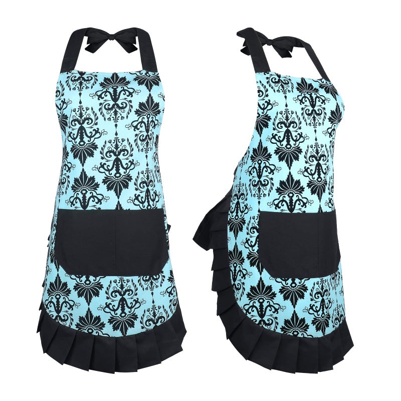 G2PLUS Cotton Vintage Damask Apron for Women, Adjustable Neck & Big Pocket, Blue & Black Cute Ruffle Kitchen & Baking Apron for Christmas Holiday Gift - Image 3
