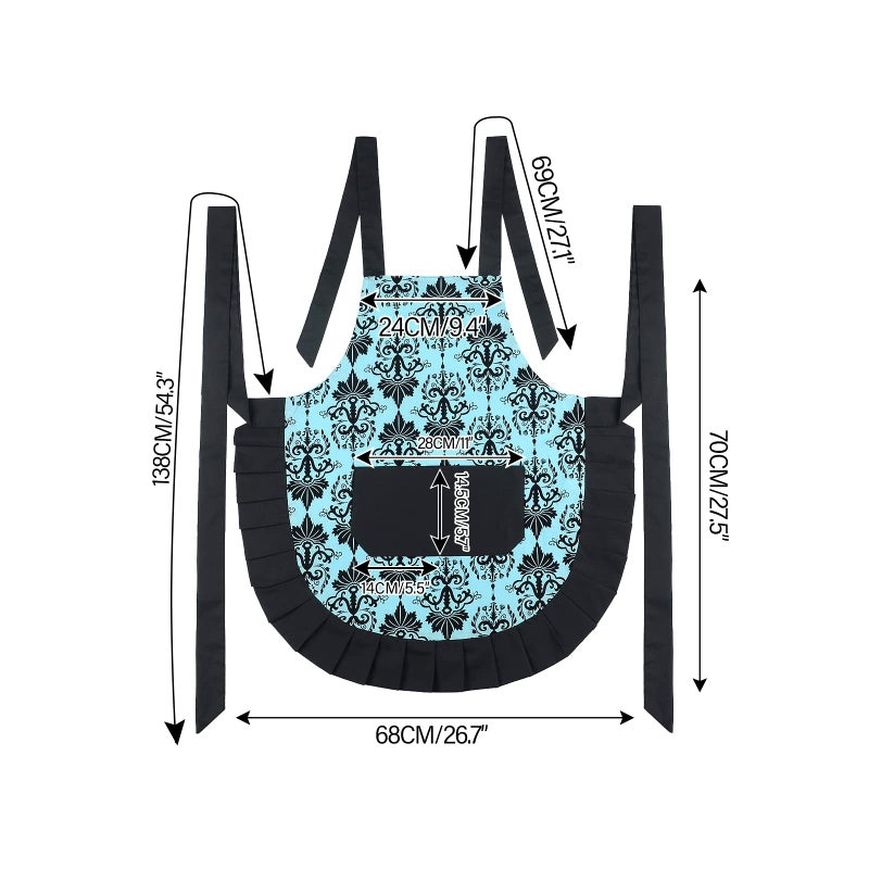 G2PLUS Cotton Vintage Damask Apron for Women, Adjustable Neck & Big Pocket, Blue & Black Cute Ruffle Kitchen & Baking Apron for Christmas Holiday Gift - Image 2