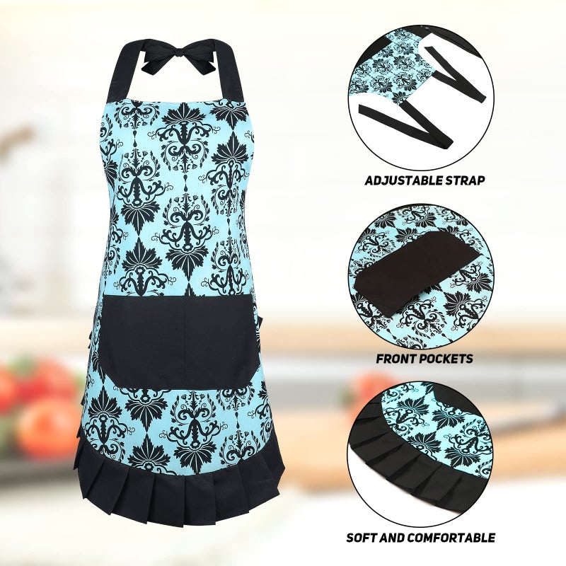 G2PLUS Cotton Vintage Damask Apron for Women, Adjustable Neck & Big Pocket, Blue & Black Cute Ruffle Kitchen & Baking Apron for Christmas Holiday Gift - Image 4