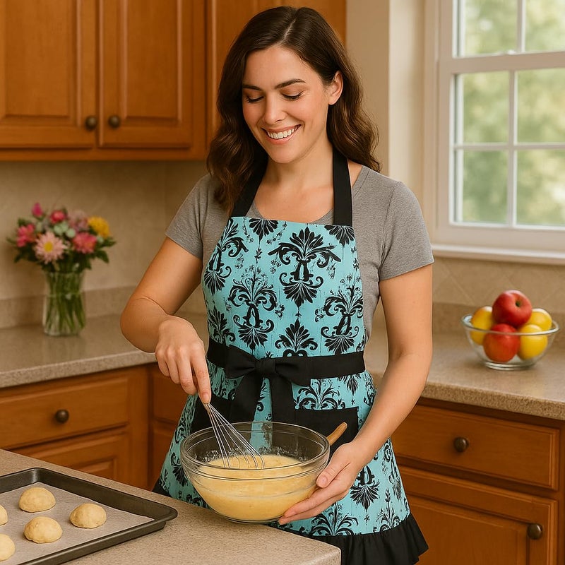 G2PLUS Cotton Vintage Damask Apron for Women, Adjustable Neck & Big Pocket, Blue & Black Cute Ruffle Kitchen & Baking Apron for Christmas Holiday Gift - Image 5