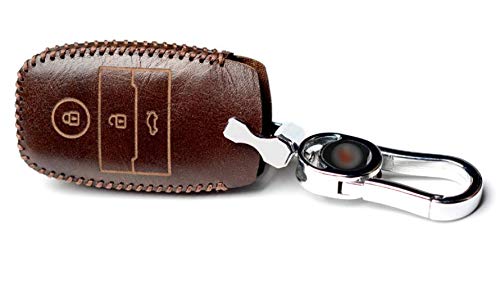 JVCV® Car Styling Soft Handmade Leather Key Cover Compatible with Kia Sonet Carens Seltos 3 Button Smart Key (Brown) - Image 1