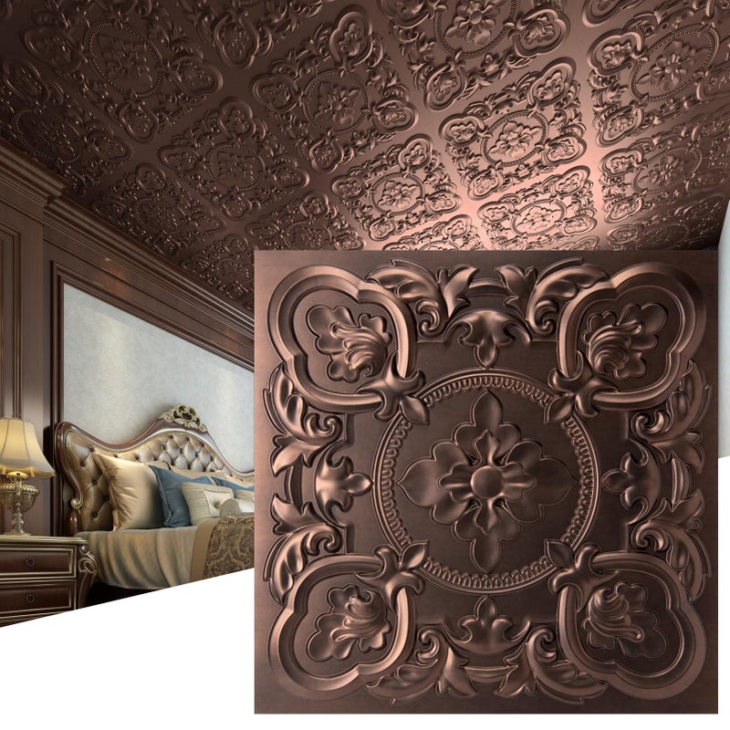 Art3dwallpanels 12 Pack Drop Ceiling Tiles, 24 x 24 Inch High Grade PVC 3D Wall Panels Vintage Flower Pattern for Interior Wall Decor, Fire Rated, Waterproof, Antique Copper - Image 1