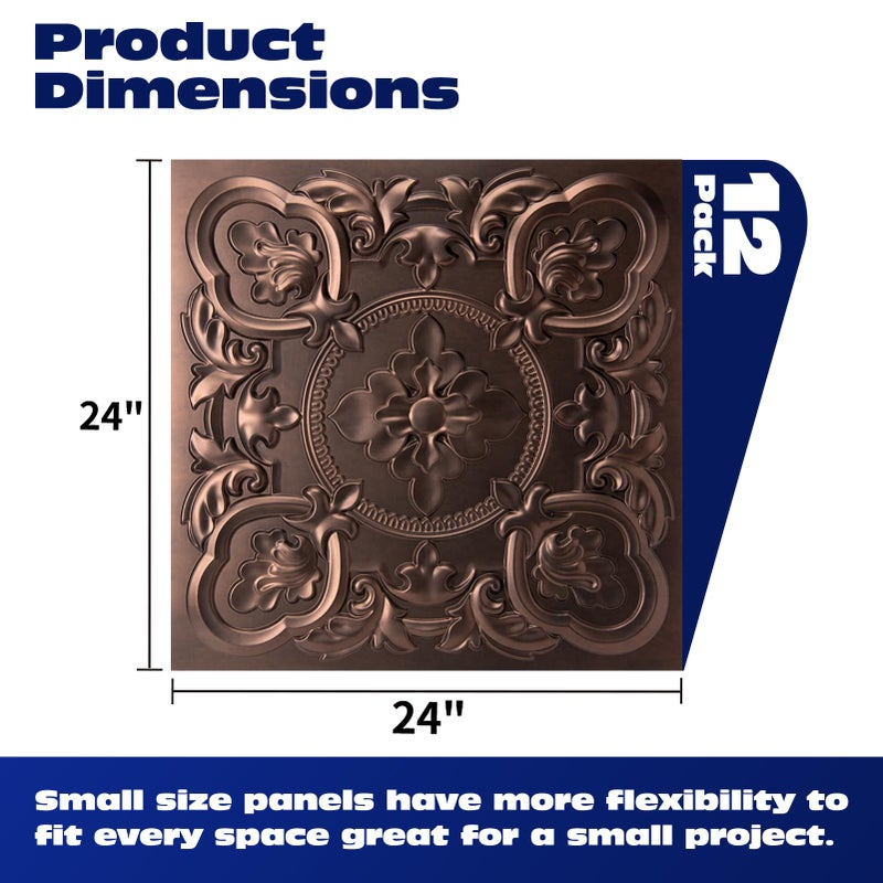 Art3dwallpanels 12 Pack Drop Ceiling Tiles, 24 x 24 Inch High Grade PVC 3D Wall Panels Vintage Flower Pattern for Interior Wall Decor, Fire Rated, Waterproof, Antique Copper - Image 2