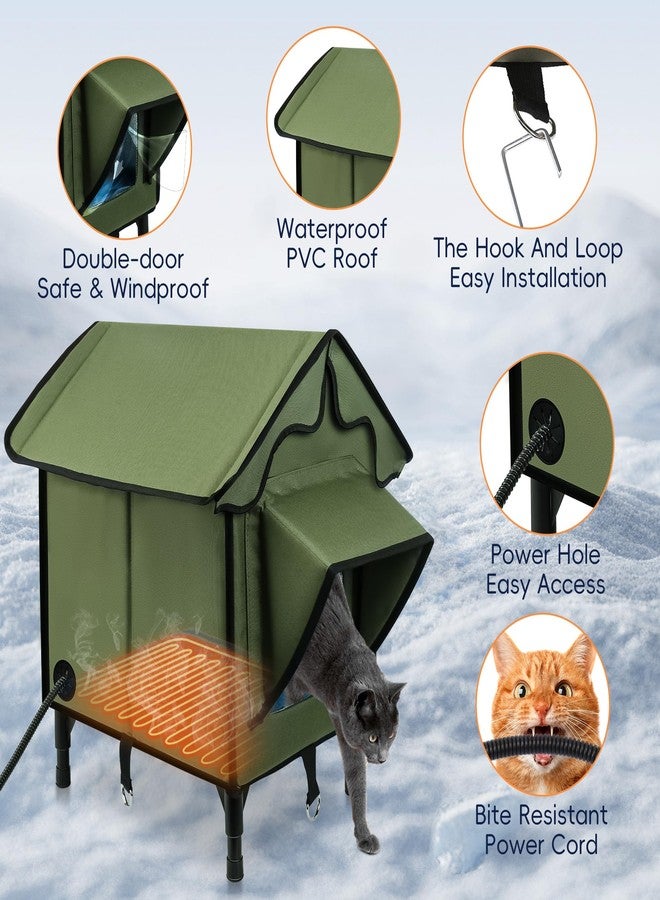 Newget Heated Cat House for Outside, Winter Insulated Cats House with Heated Pad, Waterproof Weatherproof Cat Shelter for Outdoor Indoor Cats, Cozy Elevated Feral Cat House Bed Green 21x19.4x16.5 in - Image 3