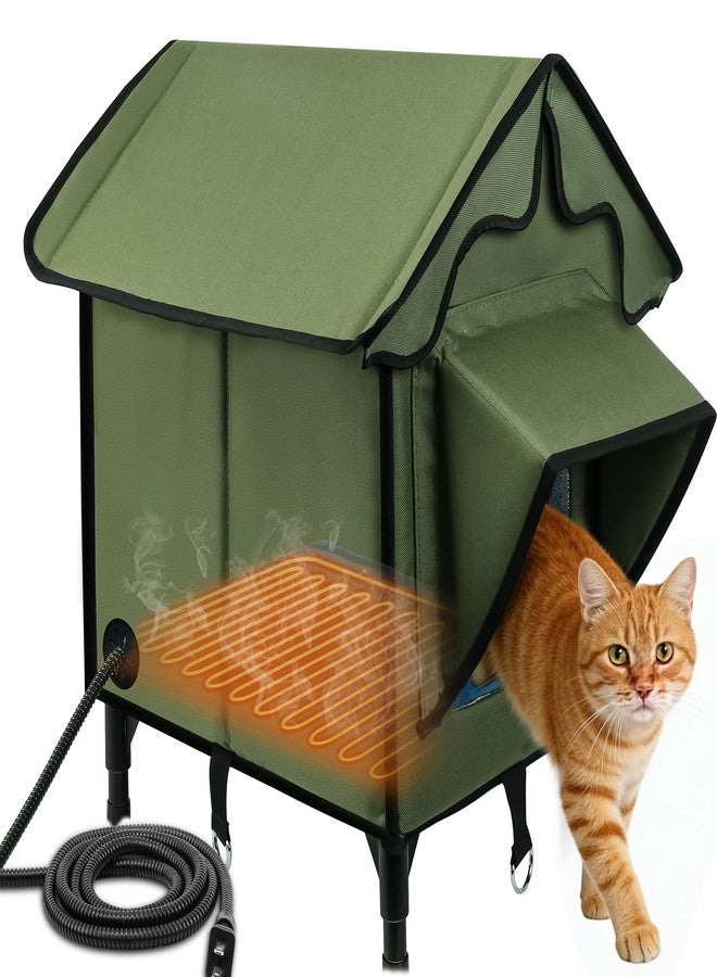 Newget Heated Cat House for Outside, Winter Insulated Cats House with Heated Pad, Waterproof Weatherproof Cat Shelter for Outdoor Indoor Cats, Cozy Elevated Feral Cat House Bed Green 21x19.4x16.5 in - Image 1