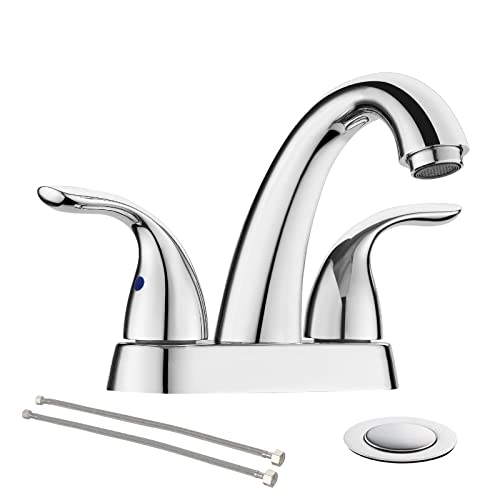 Phiestina Chrome 4 Inch 2 Handle Centerset 2 or 3 Holes Bathroom Faucet, Vanity Sink Faucet with Copper Pop Up Drain and Water Supply Lines, BF008-5-C - Image 1