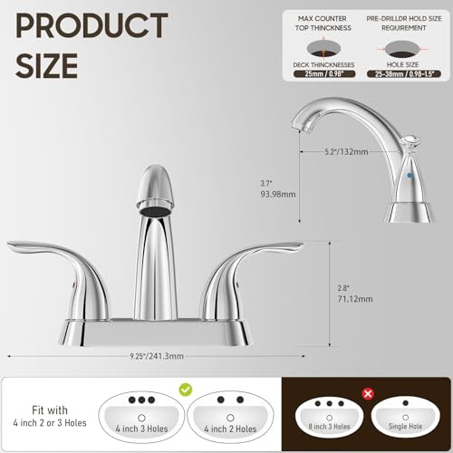 Phiestina Chrome 4 Inch 2 Handle Centerset 2 or 3 Holes Bathroom Faucet, Vanity Sink Faucet with Copper Pop Up Drain and Water Supply Lines, BF008-5-C - Image 3