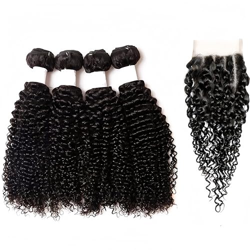 Risbaer Mongolian Kinkys Curly Hair with Middle Part Closure Human Hair 4Bundles(50g/bundle) with Lace Closure Mongolian Curly Weave Bundles with Closure(10/10/12/12+10" Closure) - Image 2