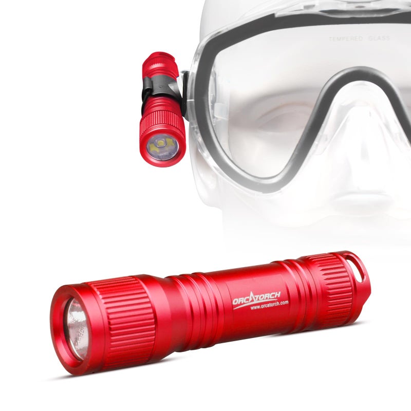 ORCATORCH مصباح الغوص المصغر ORCATORCH D560 مع ضوء رأس 650 لومن ومصباح غوص مع مشبك قناع دوار 360°، ضوء احتياطي تحت الماء بعمق 150م مع مفتاح دوار (لا يتضمن قناع الغوص) (أحمر) - Image 1