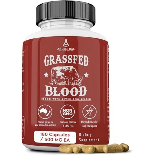 Ancestral Supplements Grass Fed Blood is Blood Liver Spleen Formula 500mg Grass Fed Beef Supplement Red White Blood Cell Formation Immune and Heart Health Support Non GMO 180 Capsules