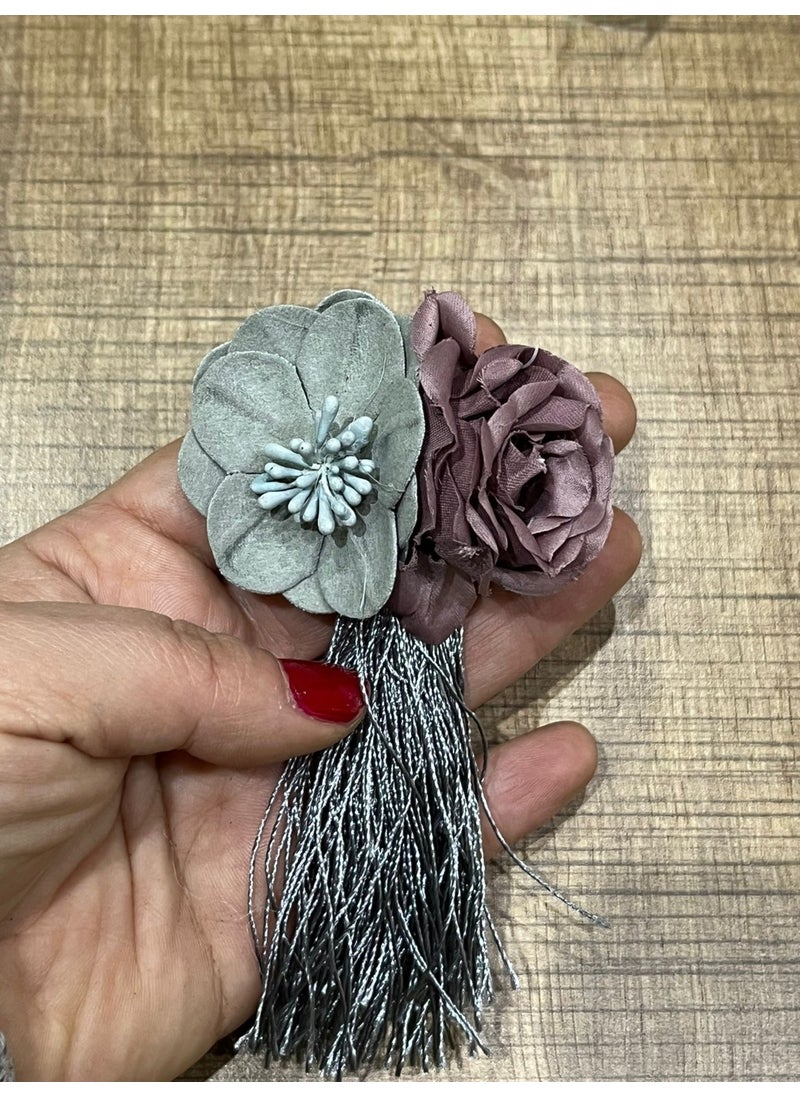 Gönülden Tasarım Heart Design 12X7 cm Two Color Floral Tassel Brooch Lapel Pin Turban Pin 