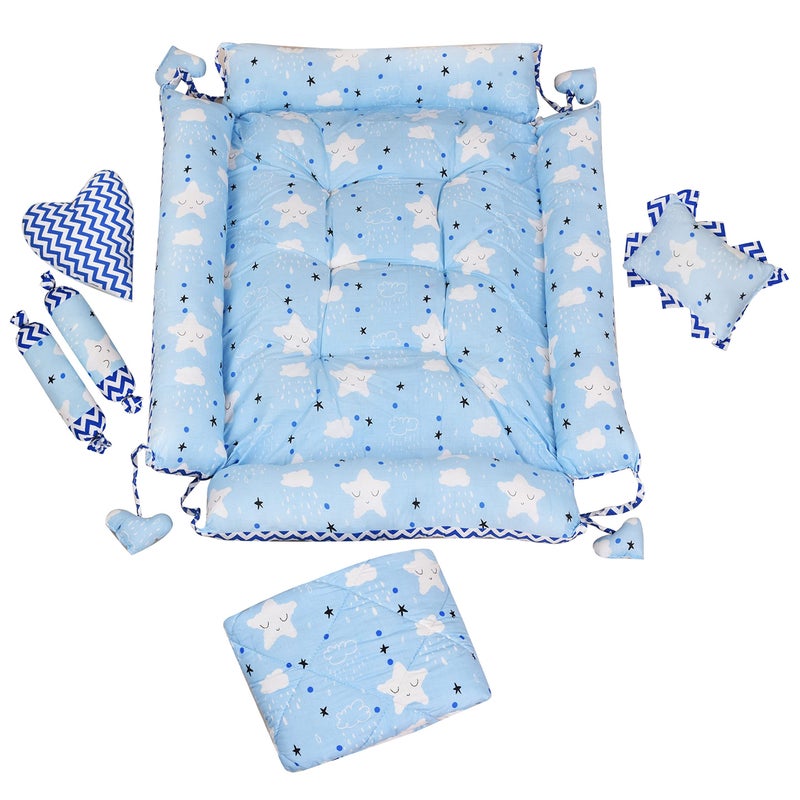 LOREM Blue 4 Pillows & Square Shape Cotton Baby Bed for 0-1 Year BB13 - Image 3