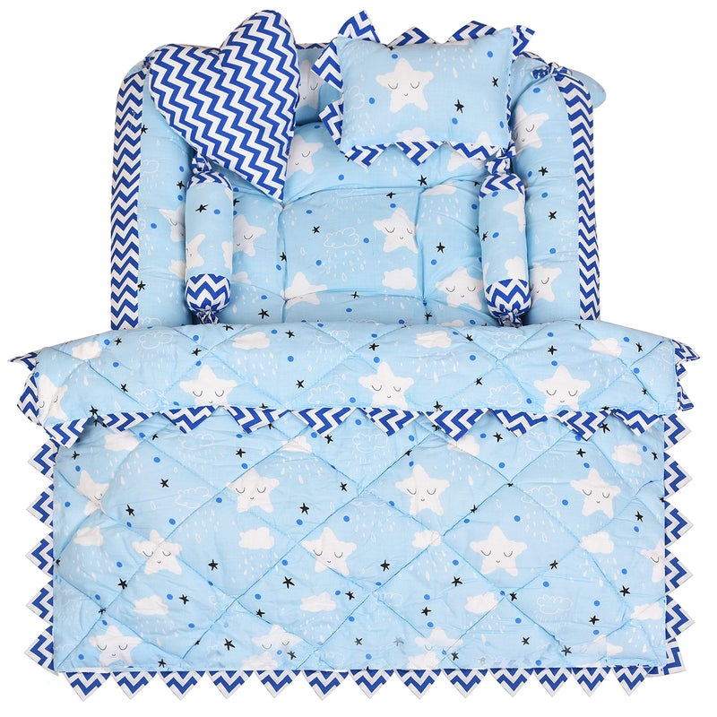 LOREM Blue 4 Pillows & Square Shape Cotton Baby Bed for 0-1 Year BB13 - Image 1