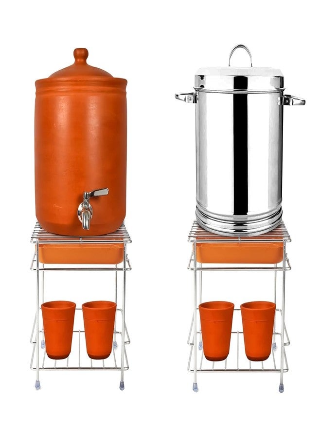 Shivaaro Heavy Stainless Steel Matka Stand with Tray Holder | Pot Stand for Water Dispenser, Water Jar, Matka Rack | Rust-Proof, Sturdy Build (20 x 20 x 18 cm) - Image 1