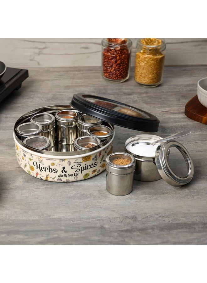 dudki 9 in 1 Herbs & Spice | Stainless Steel Handcrafted Spice Box | Masala Box for Kitchen Steel | See through lid 9 containers and Spoons | Spice Box | Ultra Beige (2.5 Ltr | X-Large | 22.5cm) - Image 3