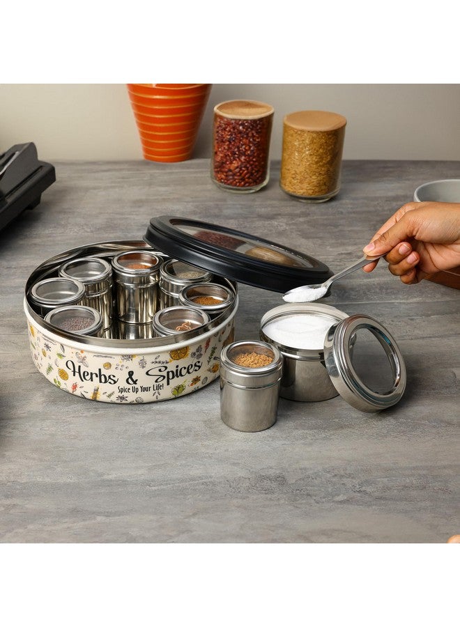 dudki 9 in 1 Herbs & Spice | Stainless Steel Handcrafted Spice Box | Masala Box for Kitchen Steel | See through lid 9 containers and Spoons | Spice Box | Ultra Beige (2.5 Ltr | X-Large | 22.5cm) - Image 4
