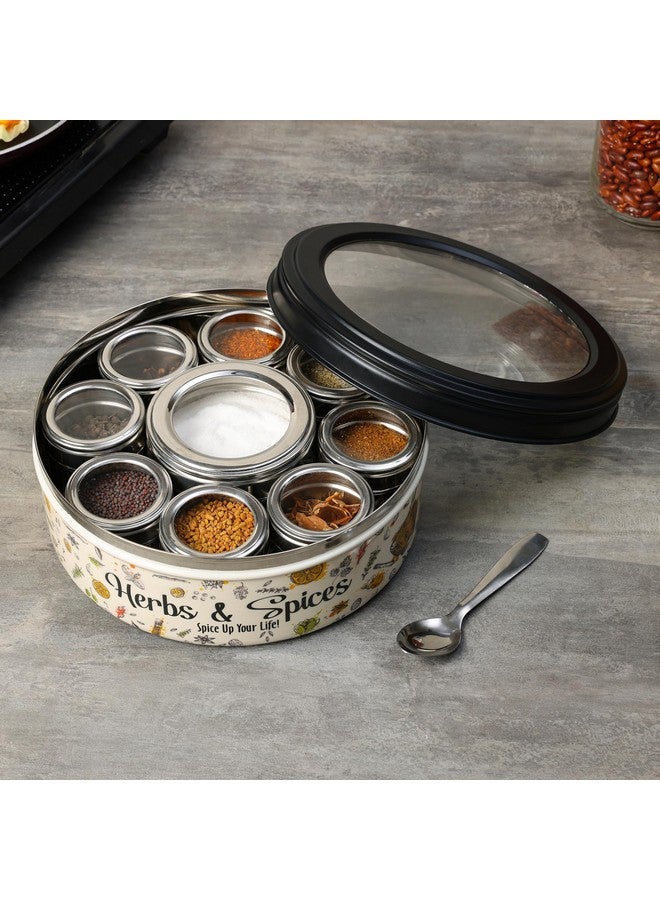 dudki 9 in 1 Herbs & Spice | Stainless Steel Handcrafted Spice Box | Masala Box for Kitchen Steel | See through lid 9 containers and Spoons | Spice Box | Ultra Beige (2.5 Ltr | X-Large | 22.5cm) - Image 5