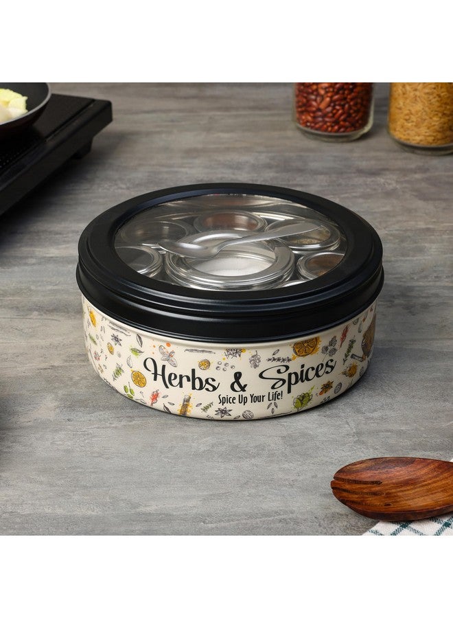 dudki 9 in 1 Herbs & Spice | Stainless Steel Handcrafted Spice Box | Masala Box for Kitchen Steel | See through lid 9 containers and Spoons | Spice Box | Ultra Beige (2.5 Ltr | X-Large | 22.5cm) - Image 1