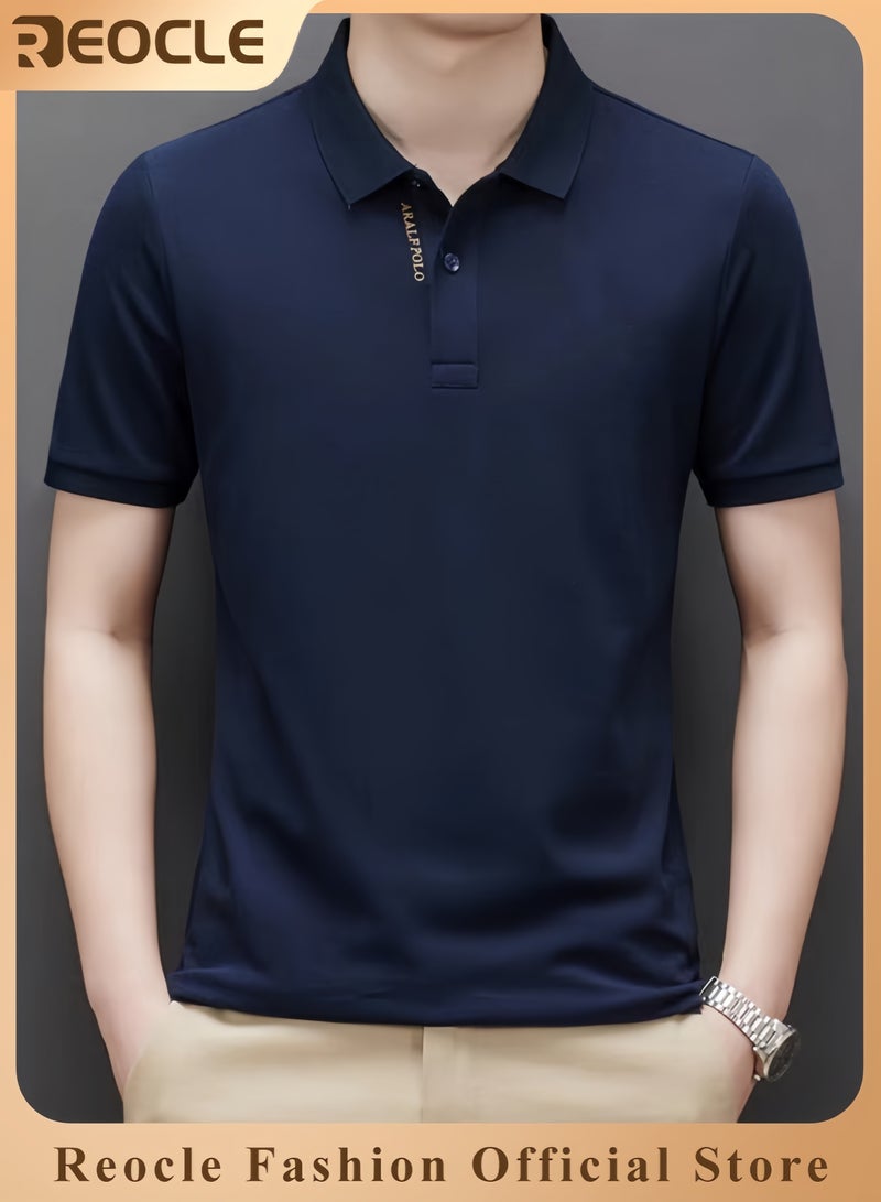 REOCLE Men's Solid Regular fit Polo Shirt Thin Breathable Short Sleeve Shirts Turn-Down Collar Work Business Polo Shirt - Image 1