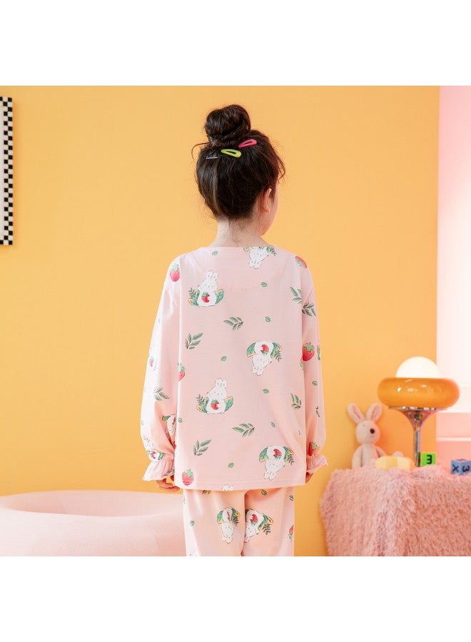 Fenton lace Trim Round Neck Strawberry Bunny Long Sleeve Homewear Set For Girls - Image 3