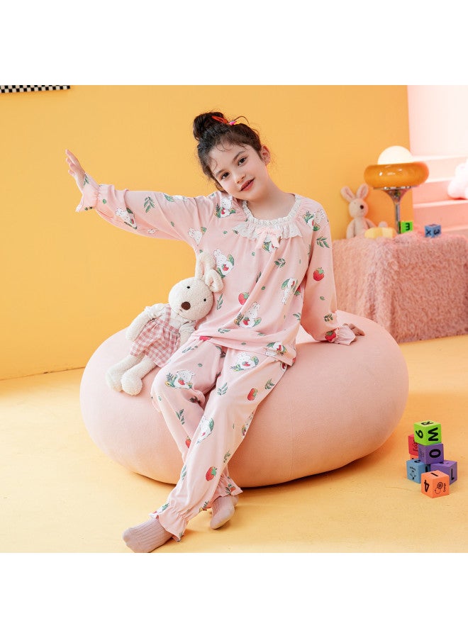 Fenton lace Trim Round Neck Strawberry Bunny Long Sleeve Homewear Set For Girls - Image 5